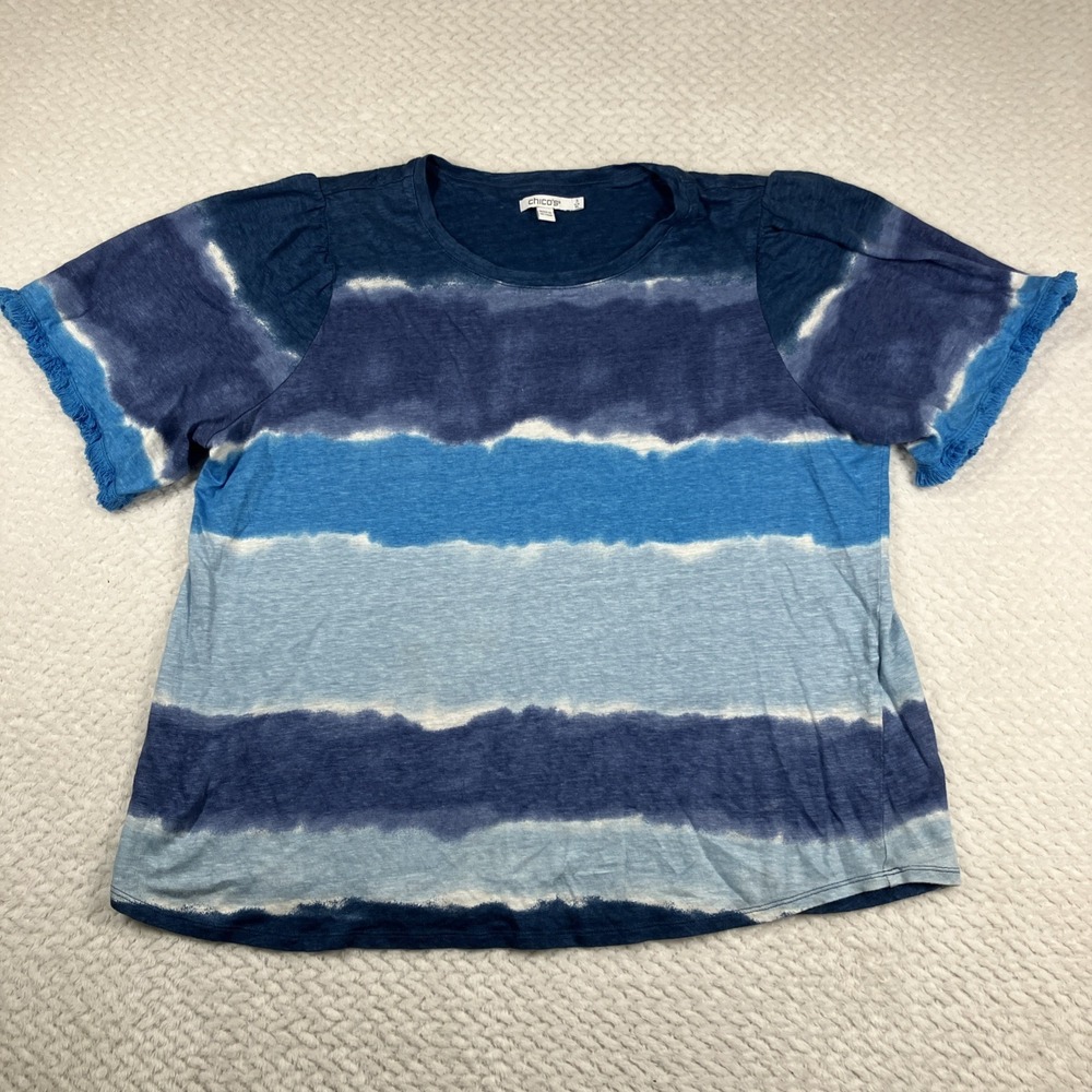 Chicos Womens 100% Linen T Shirt Blue Tie Die Sz 3 L/XL Coastal Boho Breathable